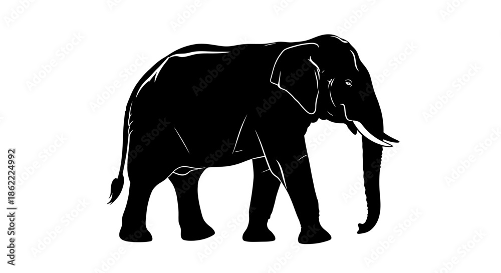 Fototapeta premium Majestic black elephant silhouette walking with white outlines