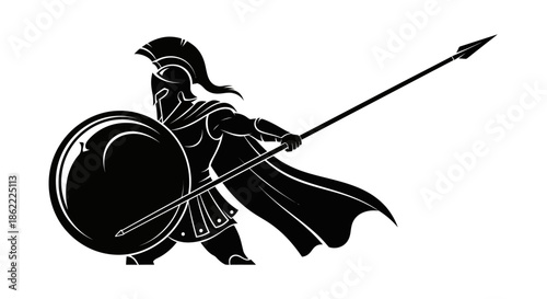Ancient Greek warrior in full battle gear with spear and shield