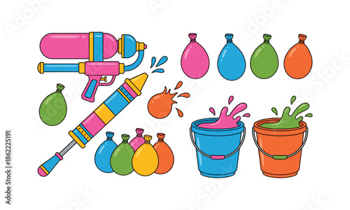 Bundle holi festival big pichkari balloons buckets vector set