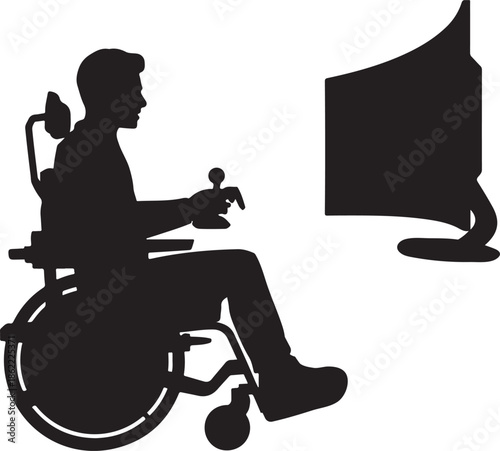 A silhouette of a person in a flat black wheelchair vector art with joystick controller, facing a large monitor