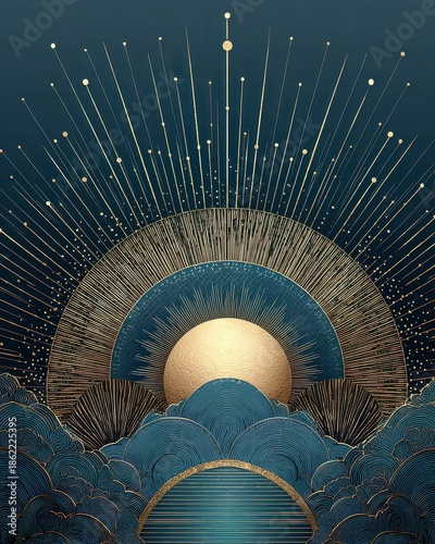 Abstract Golden Sun with Radiant Lines and Deep Blue Background