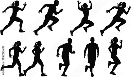 Running Silhouette Set of Male and Female Figures in Athletic Poses for Sports Design, Fitness Motion, and Illustration Use