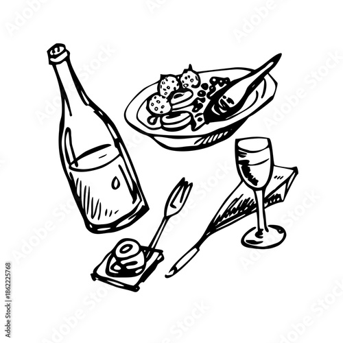 A still life illustration of a bottle of wine, a glass, and a plate of food