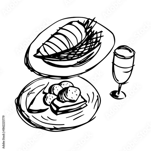 Sketch of a delightful meal with appetizers and a drink
