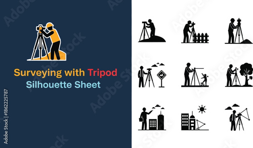 Surveyor working with tripod equipment silhouette Sheet