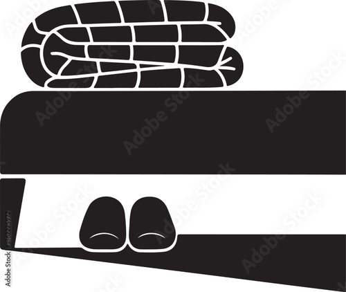 Flat black vector silhouette of neatly folded weighted blanket on the bed, single pair of slippers and quiet illustration design