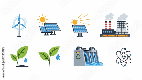 Sustainable energy sources and eco-friendly practices illustrated in a modern graphic design on a clean white background