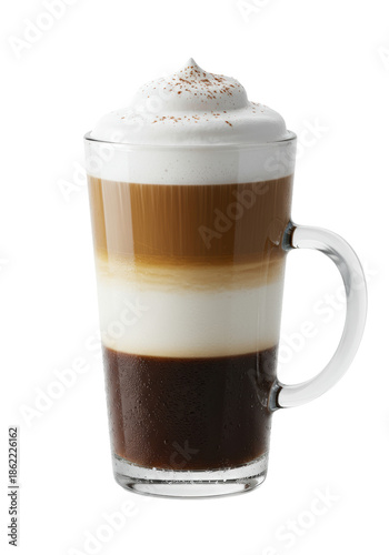 Highly detailed hazelnut latte macchiato in a tall transparent glass mug, showing three perfect thermal layers and condensation, against a transparent background. Concept for luxurious beverage