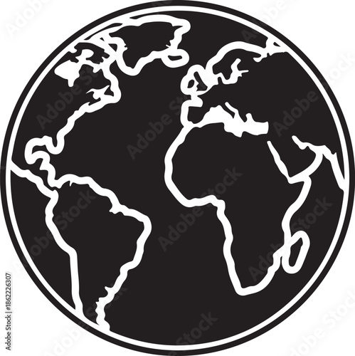 Black and White Globe Icon with Continent Silhouettes