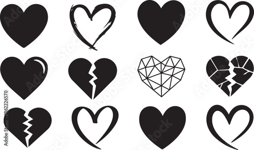 Collection Of Twelve Diverse Black Heart Silhouette Icons For Designers