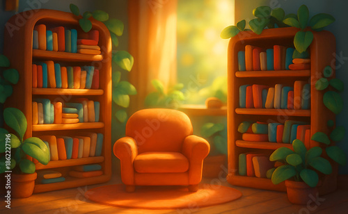 A serene library bathed in sunlight from the windows, enhancing the peaceful ambiance for reading and studying