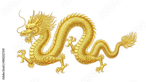 Golden Chinese dragon with mane and horns isolated on transparent background symbolizing strength, power, mythology and traditional Asian culture