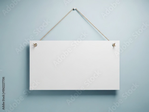 Blank white rectangular sign hanging by a rope on a clean light blue wall background
