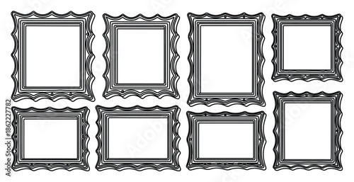 Collection of eight ornamental frames with layered scalloped edges and internal borders
