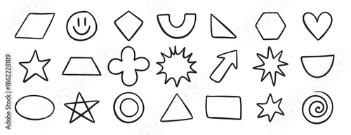 Basic geometric shapes doodle hand drawn icon set. Outline drawing for learning games math flat figure line clipart symbol 