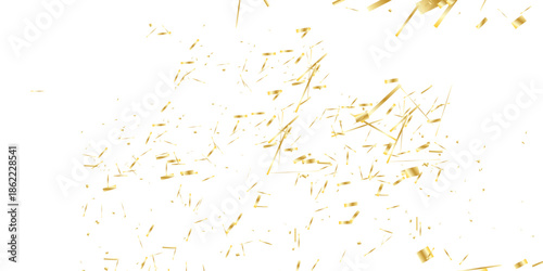 Golden Confetti Spirals Fall Over White Background for Celebration, Party, or Festive Event.	