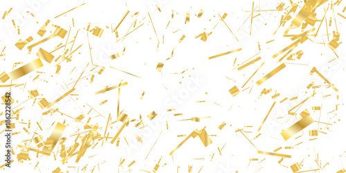 Golden Confetti Spirals Fall Over White Background for Celebration, Party, or Festive Event.	