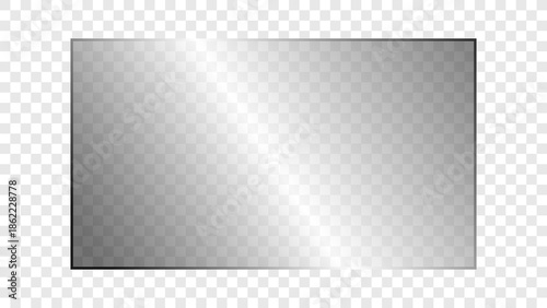 Transparent shiny rectangular glass plate 16:9 ratio. Clear glass panel showcase on a transparent background. Realistic laptop or TV screen light glare or reflection. Vector illustration.