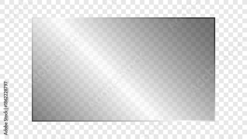 Transparent shiny rectangular glass plate 16:9 ratio. Clear glass panel showcase on a transparent background. Realistic laptop or TV screen light glare or reflection. Vector illustration.