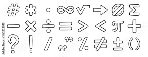 math symbols doodle hand drawn icon set. Outline drawing line clipart symbol collection