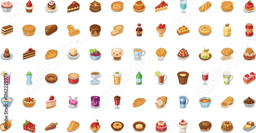 Assorted food and drink including cakes, pastries, bread, and beverages in a colorful