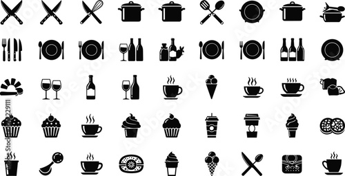 Black and white of kitchen utensils, dining and beverages knives