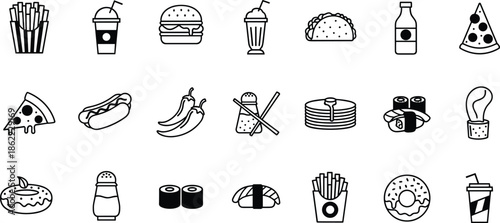 Black and white of various food and drinks including fries, soda, burger, taco, pizza, and sushi