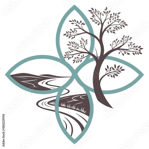River Delta Branching Abstract Symbol for Water Management Branding and Ecological Protection