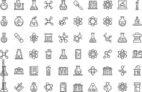 Collection of black and white science including lab equipment and molecular structures
