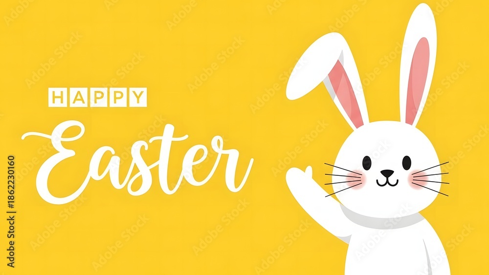 Fototapeta premium Happy easter celebration with white bunny on yellow background
