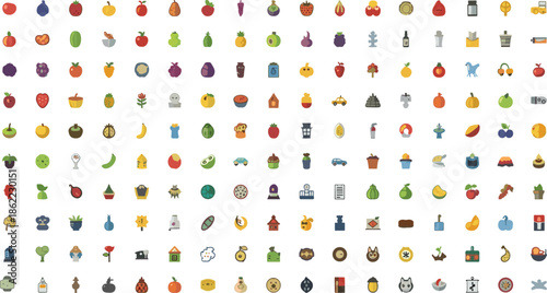 Collection of colorful fruit, vegetable, and arranged in a grid pattern apples