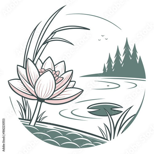 Elegant Lotus Water Lily Icon, Floating Pond Flower Design for Yoga and Meditation Center Identity