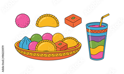 Set Bundle Holi Sweets and Drink Traditional Food Vector Illustration