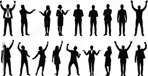 Business people silhouettes set expressing emotions celebration success confusion communication professional men women poses vector illustration isolated white background design
