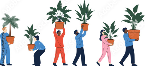 Illustrated People Holding Potted Plants in Colorful Outfits Representing Gardening, Teamwork, and Environmental Care on White Background