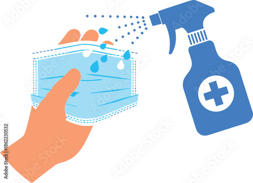 Hand spraying disinfectant on blue face mask, symbolizing hygiene, safety, and protection against infectious diseases and contamination.