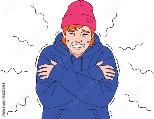 Person shivering in cold wearing hoodie and beanie, symbolizing discomfort, low temperature, and winter chill.