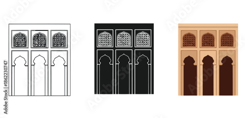 Traditional Window Designs with Intricate Lattice Patterns for Islamic Architecture, Worship Spaces and Religious UI Design