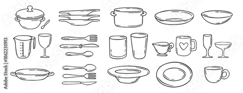 dishes dinnerware doodle hand drawn icon set. Plate, glass and cup, mug, bowl. Outline drawing tableware for kitchen line clipart symbol collection