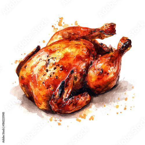 Watercolor vector illustration of Tandoori Chicken, isolated on white background.