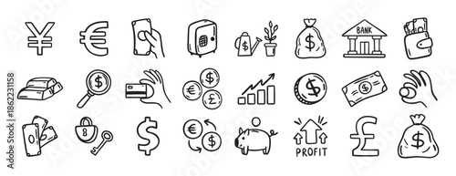 Money, finance and currency doodle set. doodle hand drawn icon set. Outline drawing dollar Banknotes, coins, money bag line clipart symbol collection