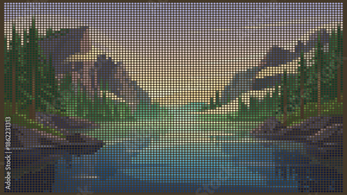 Mountain Lake and Pine Forest Morning Halftone Matrix Poster