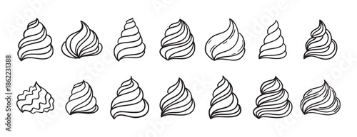 Cream for cakes or for ice cream doodle hand drawn icon set. Outline drawing cream for cakes or for ice cream line clipart symbol collection