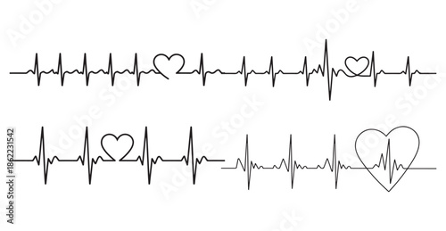 Heartbeat line art set with integrated love heart shapes for medical and romantic design use