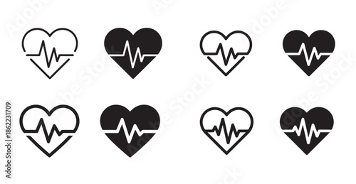 Heartbeat pulse line and glyph icons. cardio, medical, health and rhythm symbols set