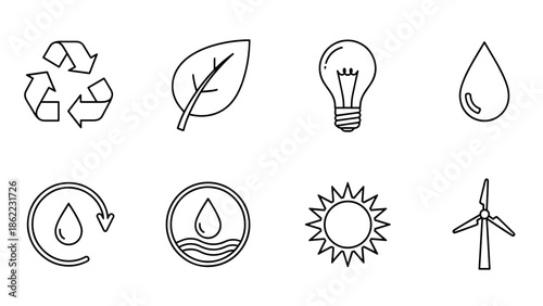 A set of eight vector illustrations, themed around environmentalism and sustainability. Icons include recycling, leaf, lightbulb, waterdrop