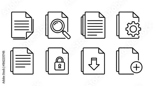 A set of eight simple, outline-style illustrations of documents with various symbols, each representing a different function or status