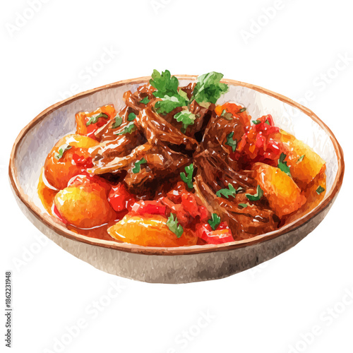 Watercolor vector illustration of Ropa Vieja, isolated on white background.