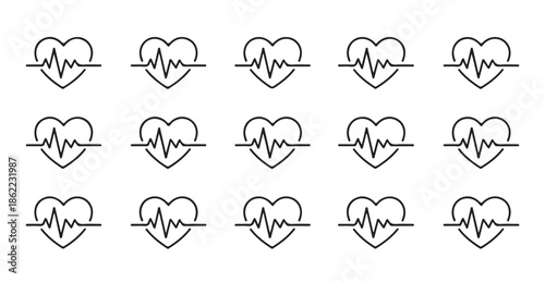 Set of fifteen different styles of heart icons with electrocardiogram lines inside the shape