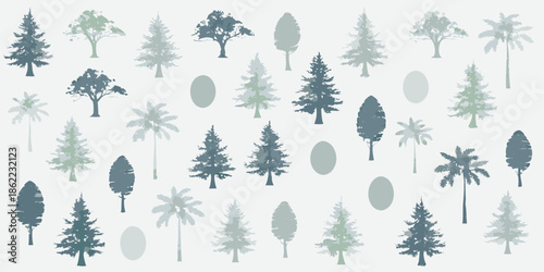 A minimalist pattern of various trees and soft oval shapes in muted tones